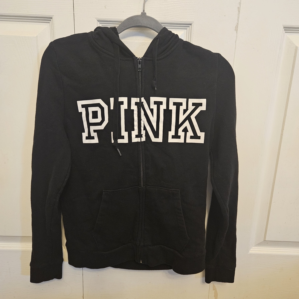 PINK Victoria's Secret Black Zip-Up Hoodie with White Logo